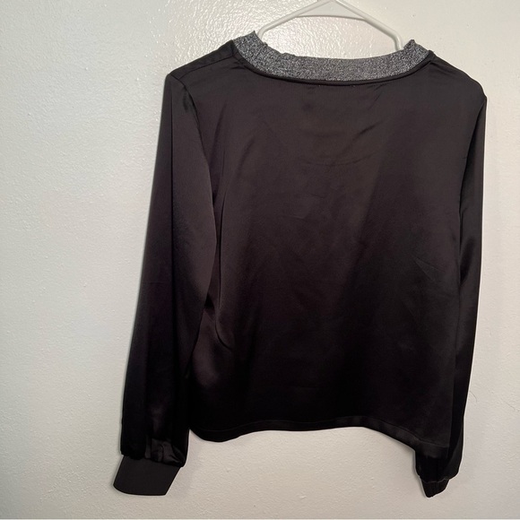 Calvin Klein Metallic Trim Long Sleeve Satin Blouse Black - Picture 10 of 15